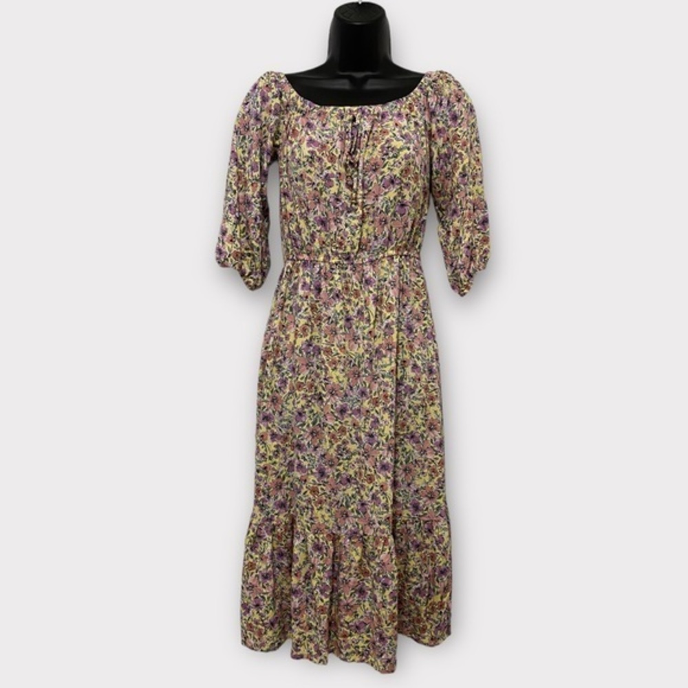 Bebop Yellow & Pink Vintage Floral Cottagecore Half Sleeve Midi Dress Size Small